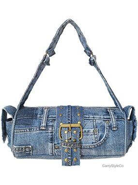 Upcycled Denim Barrel Handbag with Brass Studded Belt Buckle - Shoulder Purse